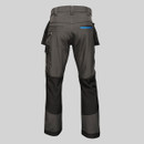 Back view of grey and black work trousers with reinforced lower legs, rear zip pocket with blue detail, and ergonomic fit for comfort and durability on job sites