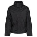 Black men’s lightweight windbreaker jacket, zip-up with high collar, elastic cuffs, minimalist water-resistant outerwear.