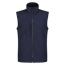 Front view navy softshell vest, sleeveless zip gilet with chest pocket, lightweight durable workwear outerwear