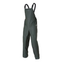 Dark green waterproof bib overtrousers with adjustable black straps on a white background. They have reinforced knees and a minimalist, utilitarian design.