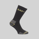 Black CAT crew sock with yellow logo and grey reinforced heel and toe panels.