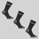 Three pairs of black CAT crew socks with yellow logo detail and reinforced heel and toe sections.