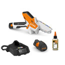 Stihl battery-powered hand chainsaw with charger, battery, and oil. Orange and black design; ideal for efficient, small-scale cutting tasks.