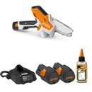 STIHL cordless pruning chainsaw kit with two batteries, charger and Bio MultiOil bottle on a white background.
