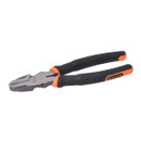 A pair of sturdy, black and orange-handled pliers with a metal head featuring serrated jaws, ideal for gripping and cutting. The tone is practical and robust.