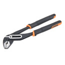 Black and orange adjustable pliers with rubber grips, featuring a metal jaw for gripping. The tool conveys durability and precision.