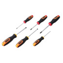 Set of six screwdrivers with black handles, yellow and red accents. Three are flathead, and three are Phillips, each varying in size, on a white background.