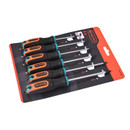 A set of six screwdrivers with black and orange handles on a red and black packaging card. Each screwdriver is neatly aligned in increasing size.