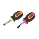 Two stubby screwdrivers with black rubber handles; one has a yellow flathead tip, the other a red Phillips head. Both have brand logos.