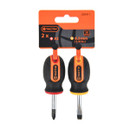 Two Tactix screwdrivers, one Phillips and one flathead, with black grips and orange accents, are displayed on a branded cardboard backing.