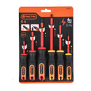 Set of six insulated screwdrivers with black and red ergonomic handles, neatly packaged on a black and orange display card, signifying safety and quality.