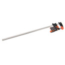 Metal bar clamp with orange and black grips on a white background. The clamp's sleek design suggests precision and durability for woodworking tasks.