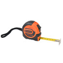 A bright orange and black measuring tape, labeled "TACTIX 5 m/16 ft," with a black wrist strap and extended yellow metal tape, marked with measurements.