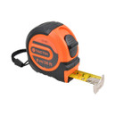 An orange and black Tactix tape measure, extended slightly, displaying both metric and imperial units. It has an ergonomic design and a wrist strap.