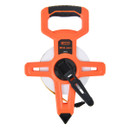 Bright orange measuring tape reel with a black handle, marked 30 meters (100 ft). The bold design conveys durability and precision, ideal for construction.