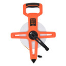 Bright orange measuring tape reel with a handle, marked 60m (200ft). Features a black crank and visible tape, conveys durability and functionality.