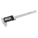 Digital calliper with an LCD display, black body, and stainless steel ruler showing measurements in millimetres. It is used for precise measuring.