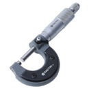 A sleek metal micrometer with a gray finish and engraved measurements, labeled "TACTIX". It has a textured grip and a precise, professional design.