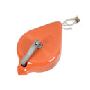 Orange chalk line reel with a silver crank handle and metal clip, used for marking straight lines. The design is sturdy and functional.