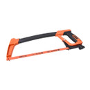 Orange and black hacksaw with an ergonomic handle, featuring a serrated blade for cutting metal. The tool appears new and sturdy against a white background.
