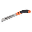 Compact pull saw with a black and orange ergonomic handle. The metal blade features branding with "Sabre Tooth" text and a stylized logo.