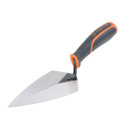 A metal masonry trowel with a pointed blade and a black handle featuring orange accents is angled upward against a plain white background.