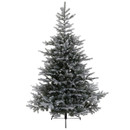 Unlit snow-covered artificial Christmas tree with a full traditional shape, dense flocked branches and a sturdy metal stand for festive home décor.