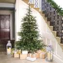 Pre-lit artificial Christmas tree displayed in a hallway with wrapped presents and lanterns, featuring warm white LED lights and realistic evergreen foliage for festive home décor.