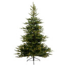 Unlit product view of a pre-lit artificial Christmas tree with a traditional full silhouette, integrated warm white lights and sturdy metal stand.