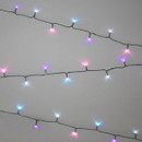 Multi pastel LED string lights with pink, blue, purple and cool white bulbs on a green cable, displayed in parallel strands against a light grey background.