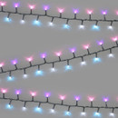 Compact Christmas tree lights with pastel pink, purple, blue and cool white LEDs on a green cable, displayed in parallel strands against a light grey background for festive indoor and outdoor decorating.
