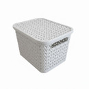 Light grey woven plastic storage basket with lid, rectangular design featuring textured rattan-style pattern and integrated side handles, ideal for home organisation and storage solutions.