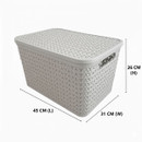 Light grey rectangular storage box with lid displaying dimensions 45 cm length, 31 cm width and 26 cm height, durable woven-style plastic organiser on a plain background.