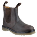 Brown leather Chelsea-style work boot with elastic side panels, pull tabs, and slip-resistant translucent sole.