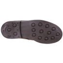 The image shows the sole of a dark brown shoe. It features multiple round rubber studs for traction, arranged symmetrically across the heel and toe areas.