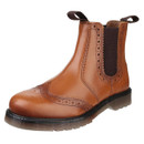 Angled view of a tan leather Chelsea boot with brogue detailing, brown elastic side panel, and translucent sole, against a white background.