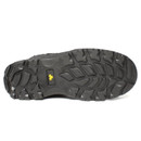 The black rubber outsole of the boot with deep multidirectional tread patterns and a small yellow brand logo in the center.