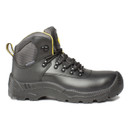 A single black waterproof lace-up safety boot with yellow interior accents, displayed from the side.