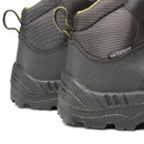 The back view of two boots, highlighting the heel loop, padded collar, and "waterproof" label on the side.