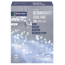 Premier Ultrabrights silver LED garland retail box featuring 288 large cool white micro LEDs on silver wire for indoor Christmas decorations and festive lighting.