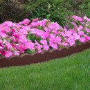 Brown scalloped garden lawn edging borders a flower bed filled with bright pink petunias and green ornamental plants.