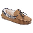 A beige moccasin slipper.
