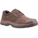Brown leather shoe with a thick rubber sole and dark stitching, featuring laces and a padded collar. The shoe conveys a casual, sturdy appearance.