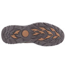 The image shows the sole of a shoe featuring a rugged tread pattern with brown and black colours. It's designed for traction and durability, implying suitability for outdoor activities.
