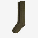 Dark green knee-high socks on a plain white background, positioned side by side. The socks have a simple, cosy appearance, suggesting warmth.