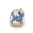 Rear view of a women's slipper featuring a soft navy blue upper with white daisy patterns and orange centres, a beige faux-fur trim, and a light tan rubber sole.