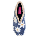 Top-down view of a women's slipper with a navy blue fuzzy upper, decorated with large white daisy patterns and orange centres. The slipper has a beige faux-fur trim and a hot pink label on the insole.