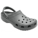 Grey rubber clog with ventilation holes and a heel strap, shown against a plain white background. Functional and casual design conveys comfort.