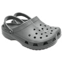 A pair of classic grey clogs with a sling-back strap and round ventilation holes. The shoes have a sturdy sole, conveying casual comfort and versatility.