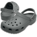 Grey rubber clogs with ventilation holes and an adjustable heel strap, displayed against a white background. Functional, casual footwear with a relaxed vibe.